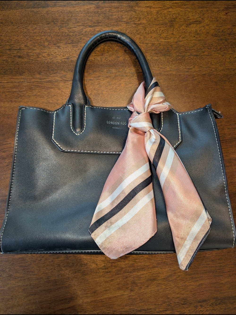 London Fog Black Satchel with Pink Stripe Scarf